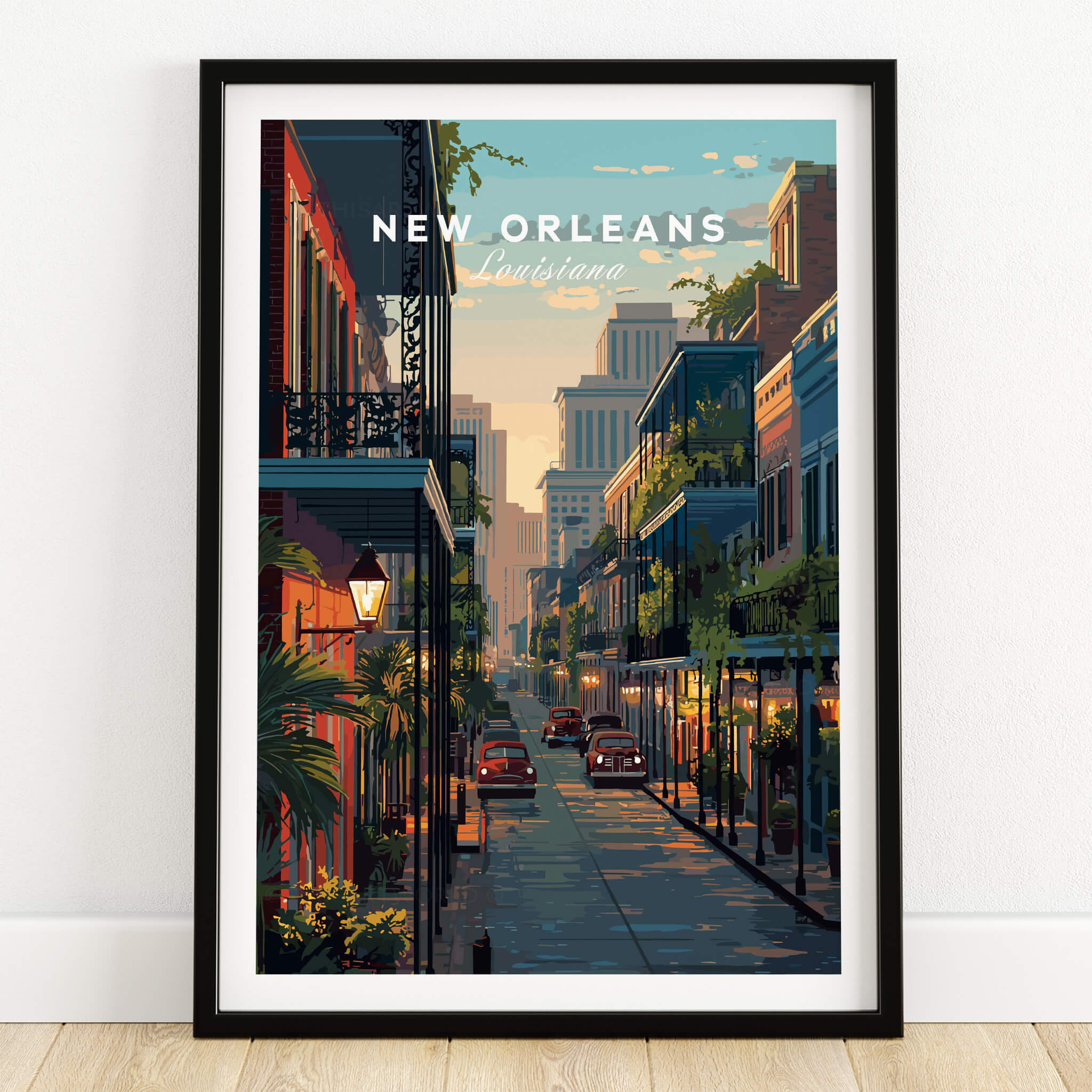 New Orleans Wall Art Print | Historic French Quarter Travel Poster featuring a vibrant street scene.