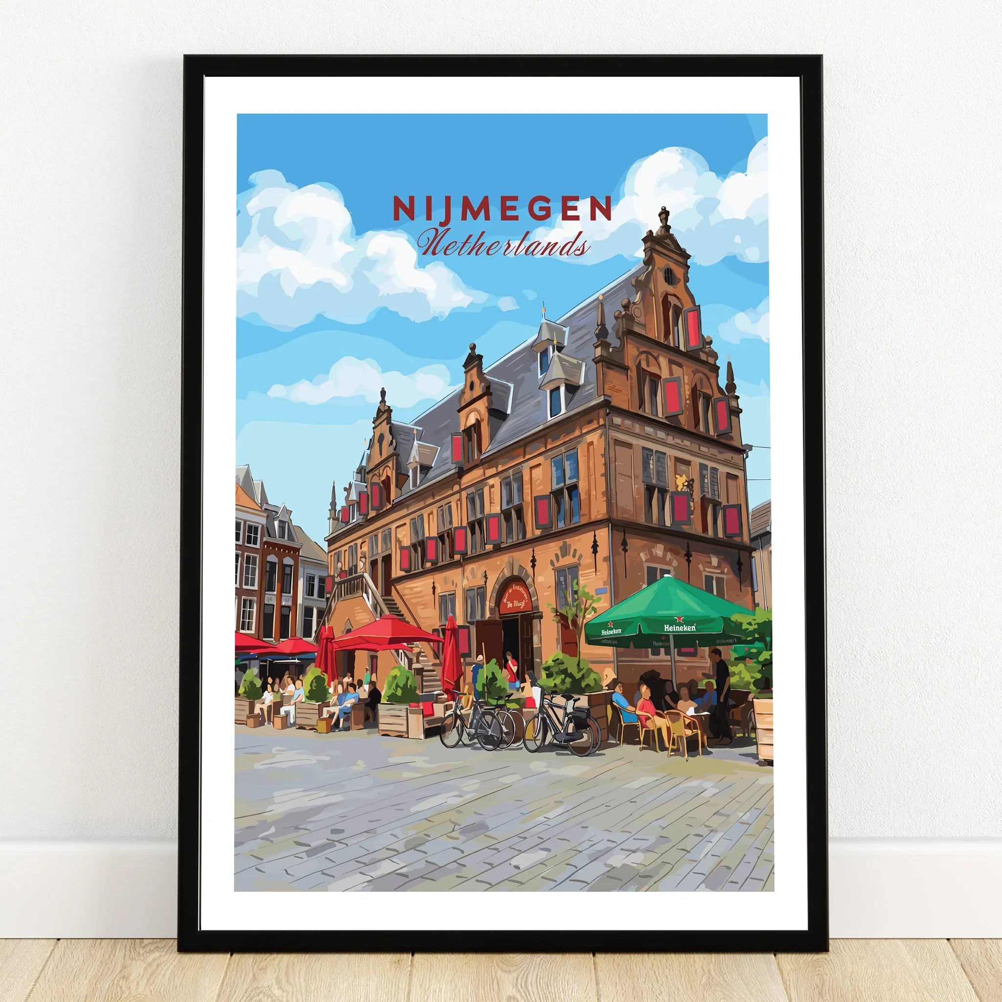 Nijmegen Netherlands travel poster art print in black frame on wooden floor, city wall art
