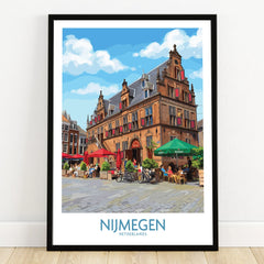 Nijmegen Netherlands city wall art print in black frame on wooden floor