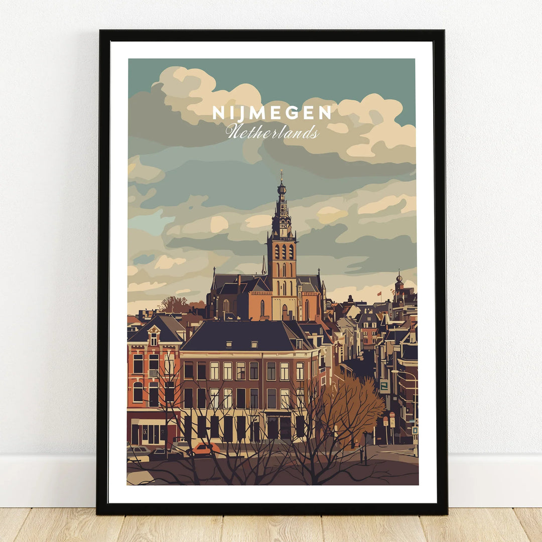 Nijmegen Netherlands city skyline art print in black frame on wooden floor