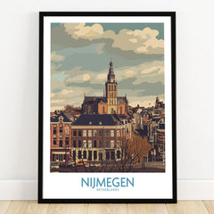 Nijmegen Netherlands cityscape art print in black frame on wooden floor