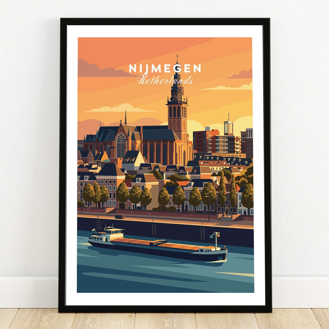Nijmegen Netherlands art print in black frame, city skyline with river and boat, home decor