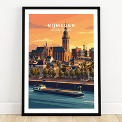 Nijmegen Netherlands art print in black frame, city skyline with river and boat, home decor