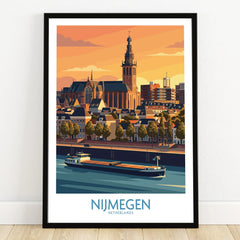 Nijmegen Netherlands city skyline art print in black frame on wooden floor
