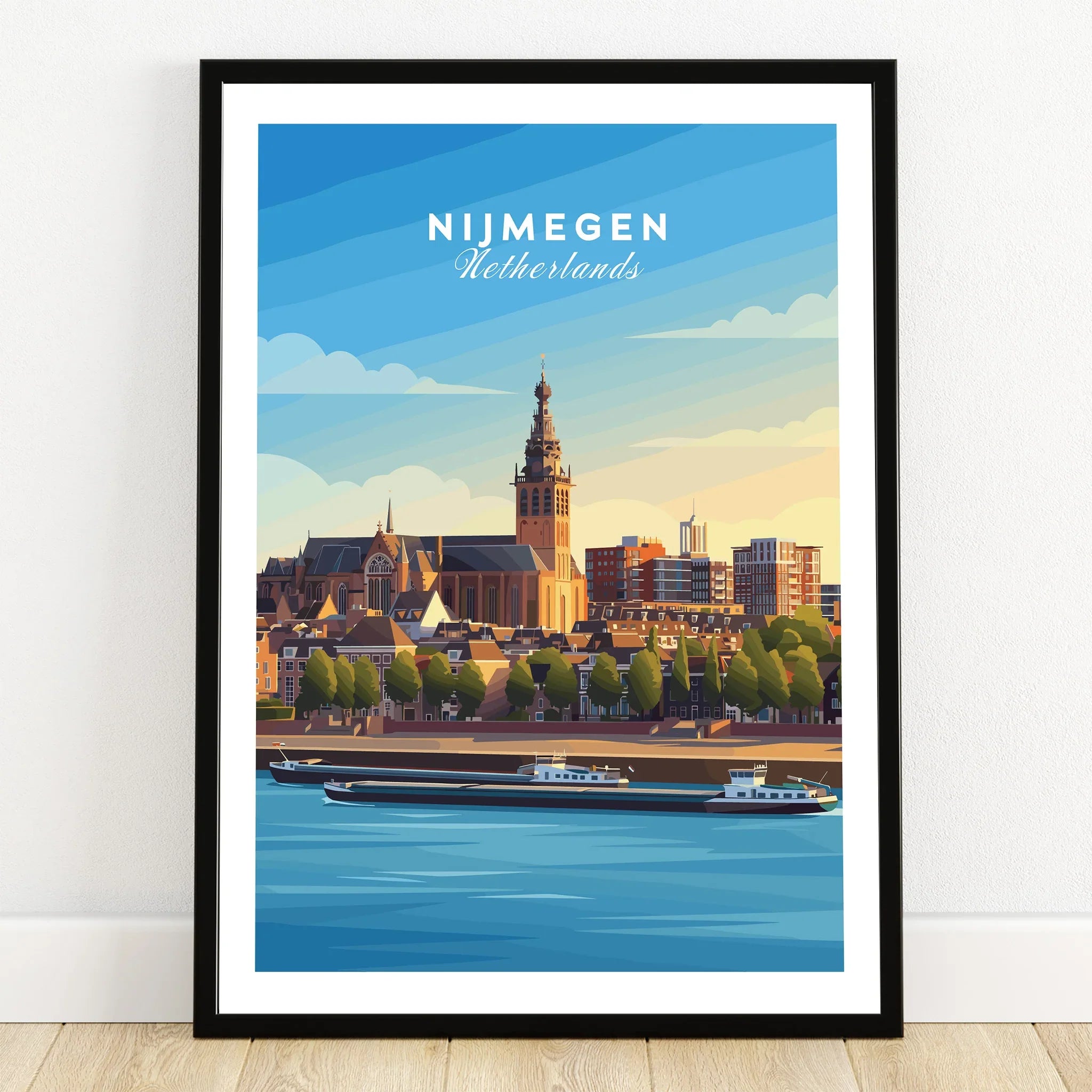 Nijmegen Netherlands city skyline art print in black frame on wooden floor