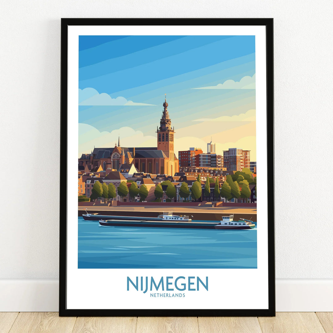 Nijmegen Netherlands art print in black frame showing city skyline and river scene