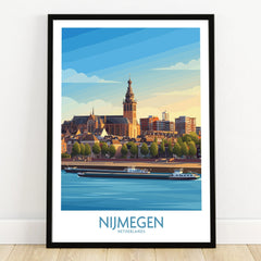 Nijmegen Netherlands art print in black frame showing city skyline and river scene