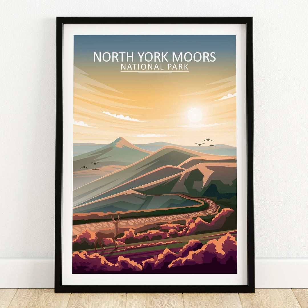 North York Moors National Park art print in black frame on wooden floor, landscape illustration