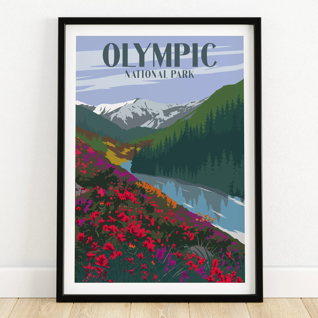 Olympic National Park art print with wildflowers, river, pine trees, and snowy mountains in frame