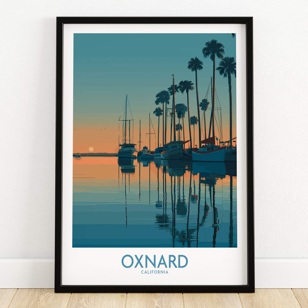 Oxnard California Poster | Scenic Pacific Marina Canvas Print featuring sailboats and palm trees at sunset.