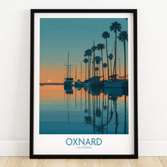 Oxnard California Poster | Scenic Pacific Marina Canvas Print featuring sailboats and palm trees at sunset.