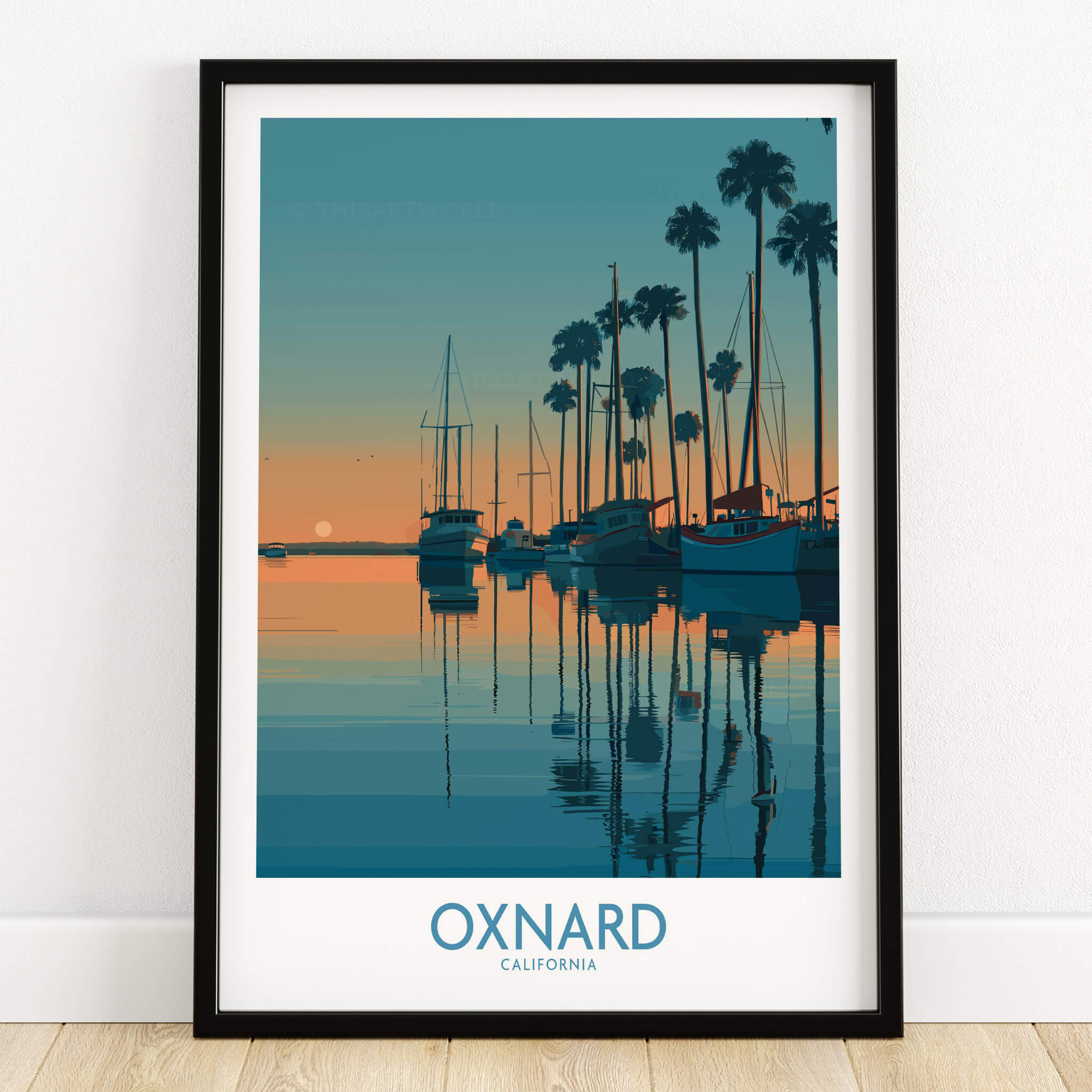 Oxnard California Poster | Scenic Pacific Marina Canvas Print featuring sailboats and palm trees at sunset.