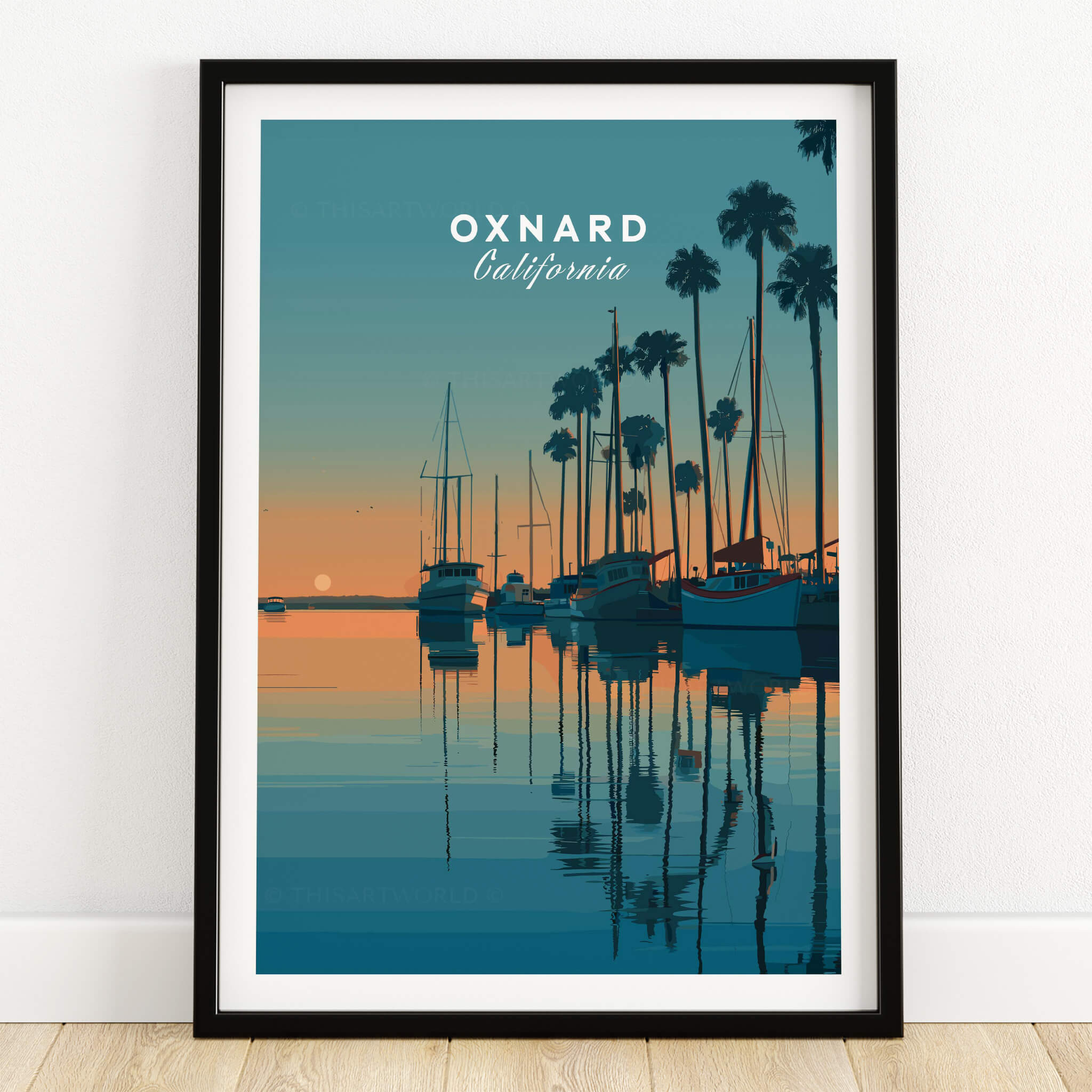 Oxnard California Wall Art Print | Sunset Harbor & Sailboats Travel Poster featuring serene harbor at sunset.