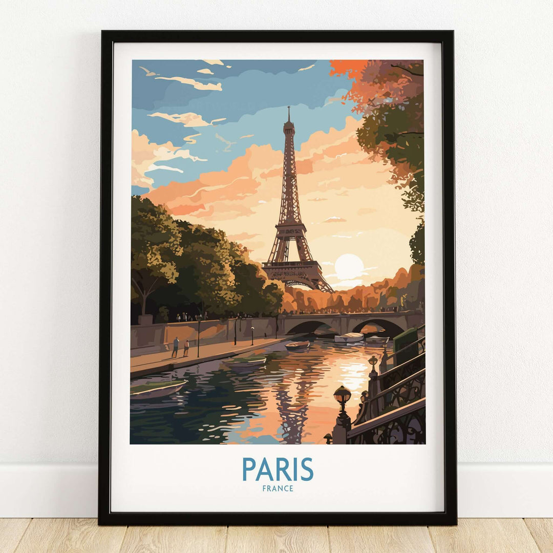 Paris Art Print showcasing the Eiffel Tower at sunset, vibrant colors in a framed artwork.
