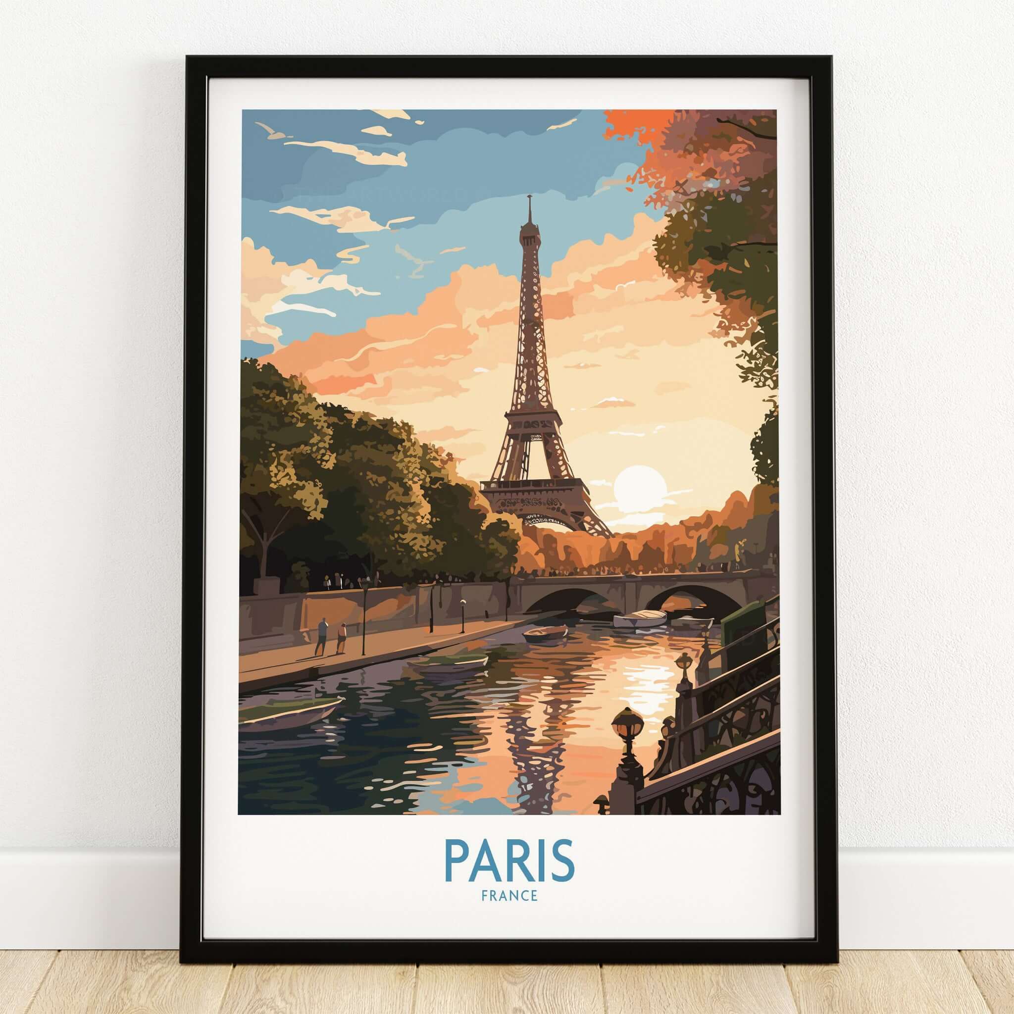 Paris Art Print showcasing the Eiffel Tower at sunset, vibrant colors in a framed artwork.