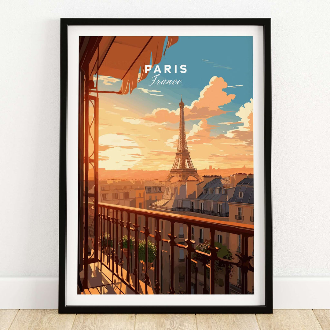 Paris Eiffel Tower Poster featuring a sunset view from a balcony in Paris, France.