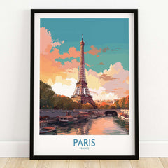 Paris Wall Art - Eiffel Tower showcasing a vibrant sunset and boats along the Seine River.