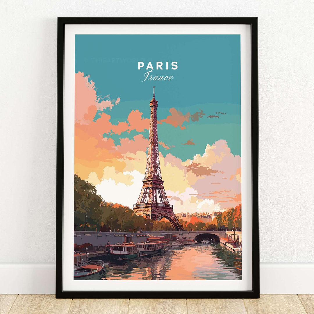Paris Poster - Eiffel Tower showcasing the iconic Eiffel Tower in a colorful sunset backdrop.