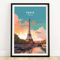 Paris Poster - Eiffel Tower showcasing the iconic Eiffel Tower in a colorful sunset backdrop.