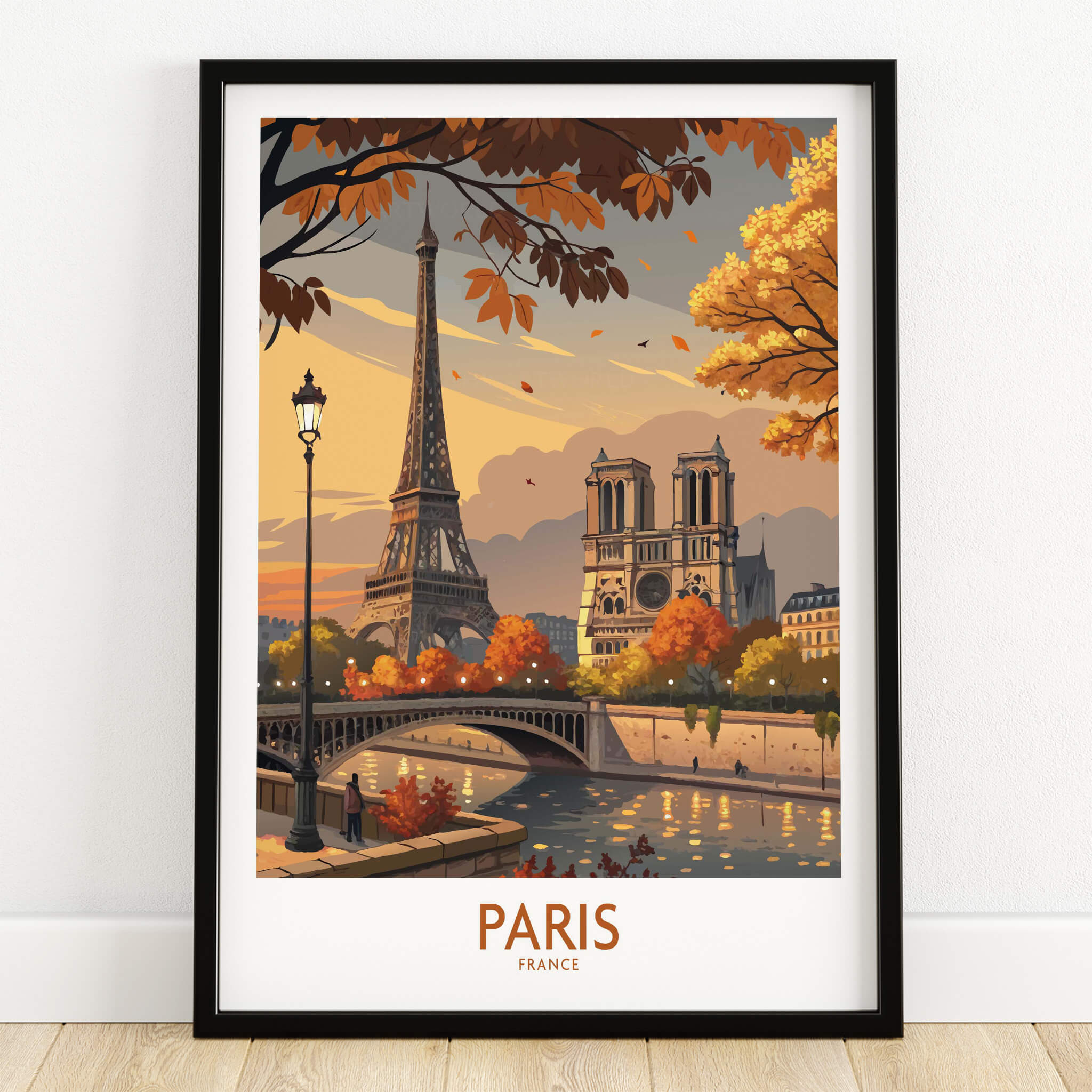 Paris France Autumn Seine River Art Print | Eiffel Tower and Notre Dame Poster