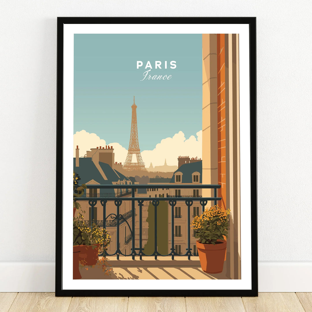 Paris travel poster art print with Eiffel Tower view in black frame on wooden floor