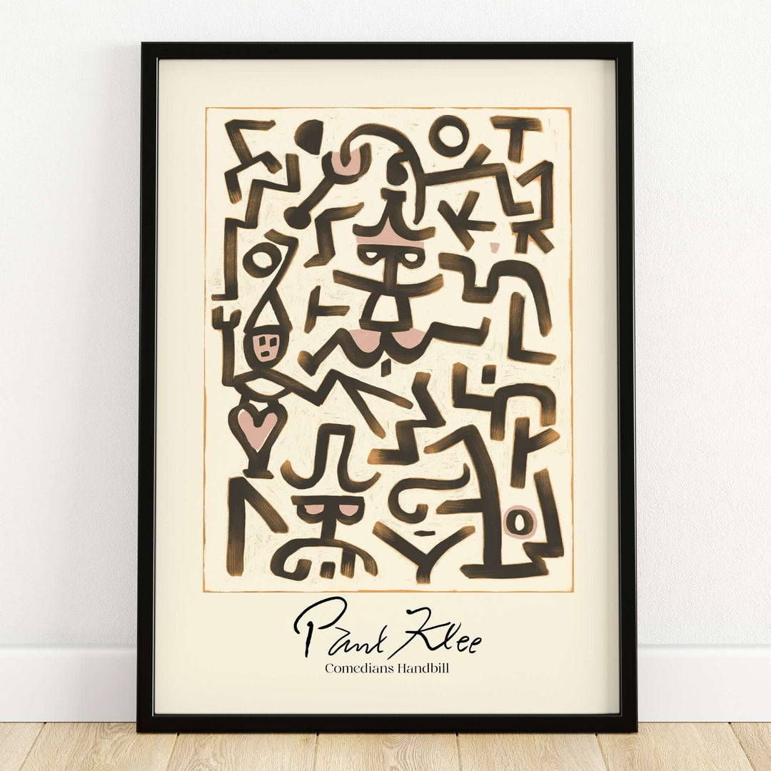 Paul Klee Comedians Handbill Abstract Figures Poster Modern Art Print displayed in a black frame against a light wall.