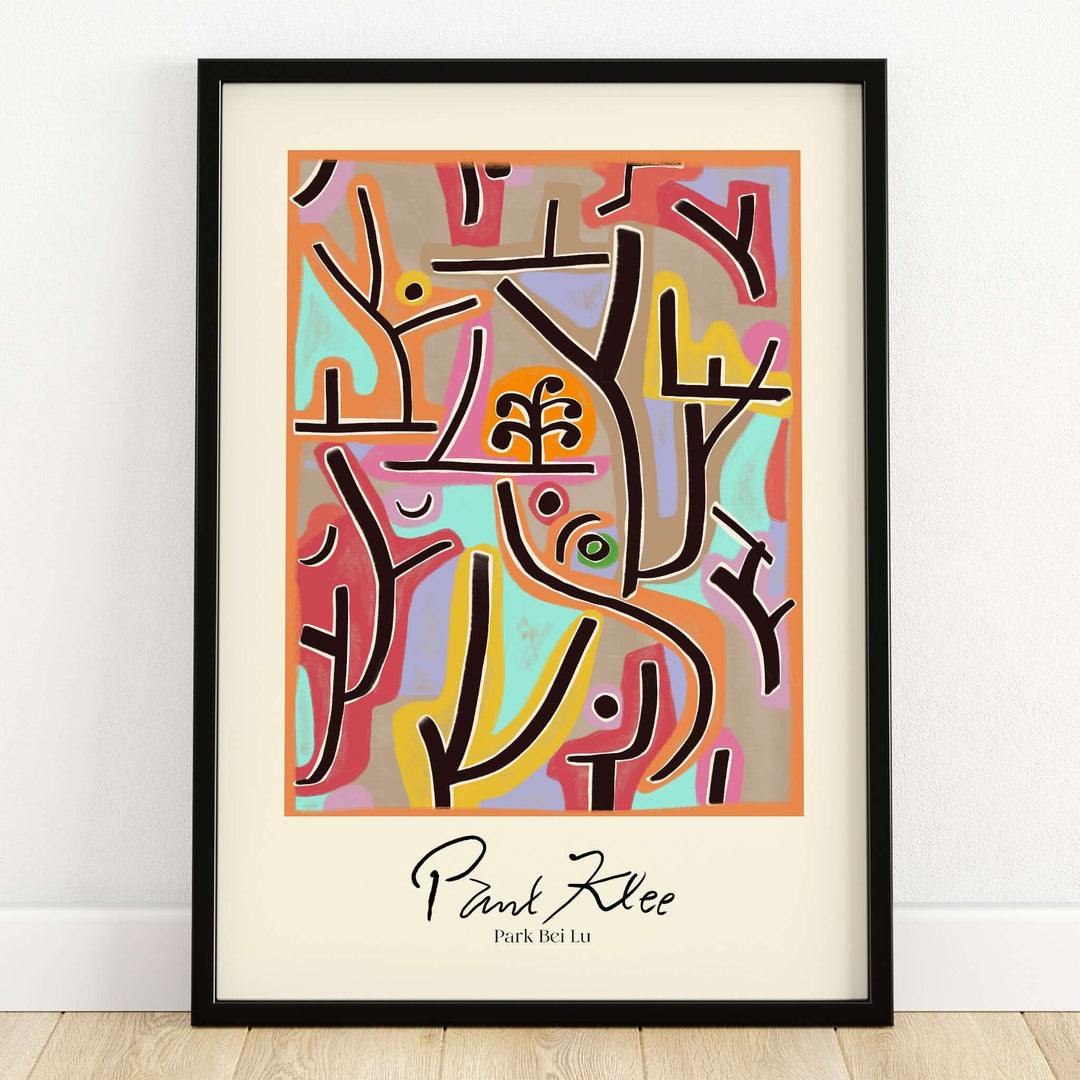 Paul Klee Park Bei Lu Colorful Abstract Landscape Poster Art Print in a black frame showcasing vibrant colors and abstract forms.