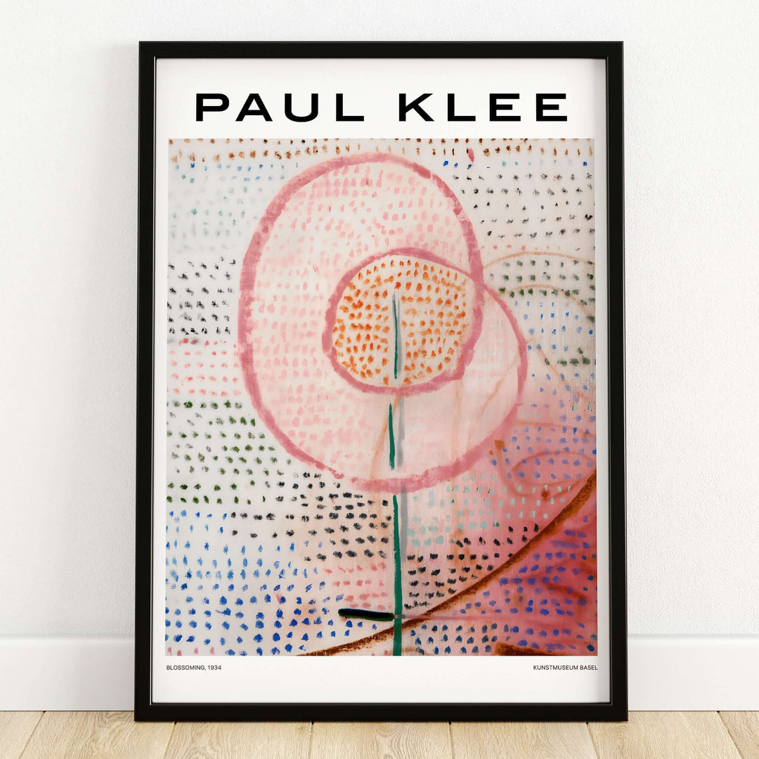 Paul Klee Blossoming Abstract Floral Modern Poster Art Print Decor displayed in a black frame with colorful background.