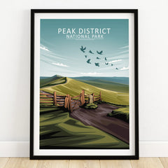 Peak District National Park art print in black frame, landscape illustration with hills and birds