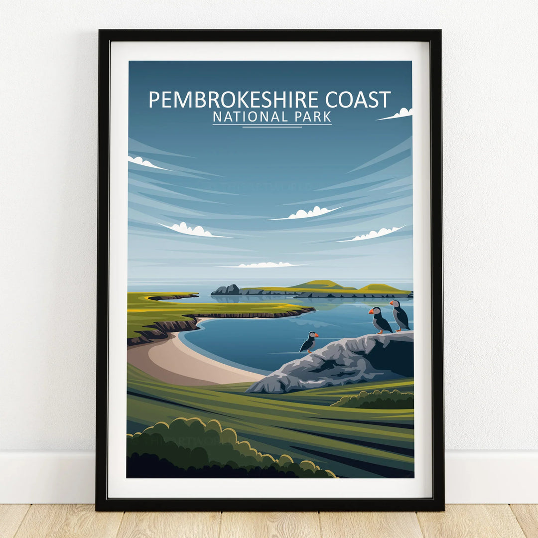 Pembrokeshire Coast National Park art print in black frame with coastal landscape and puffins