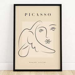 Picasso Line Art Face Dove Minimalist Modern Gallery Poster Print showcasing black line drawing on beige background.