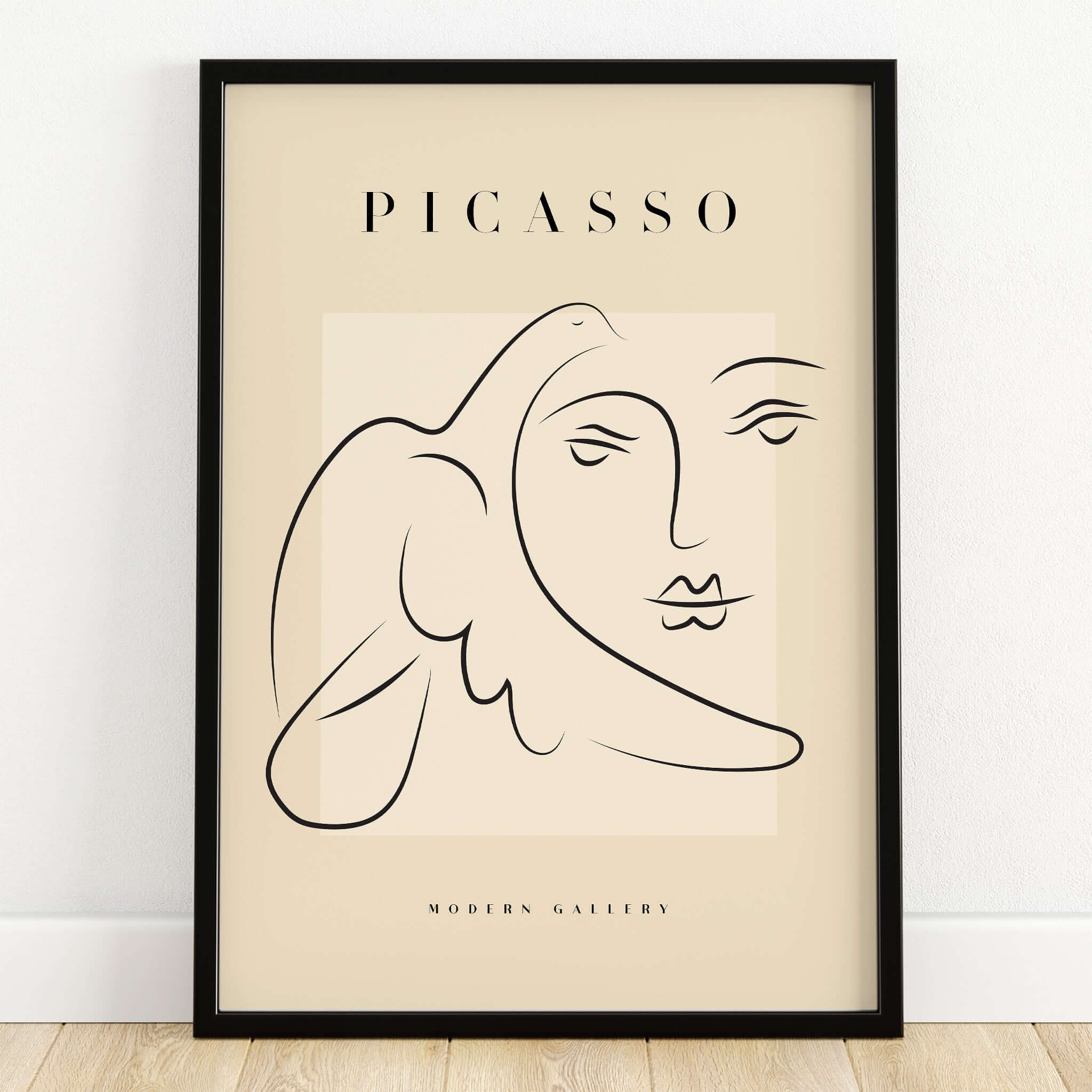 Picasso Line Art Face Dove Minimalist Modern Gallery Poster Print showcasing black line drawing on beige background.
