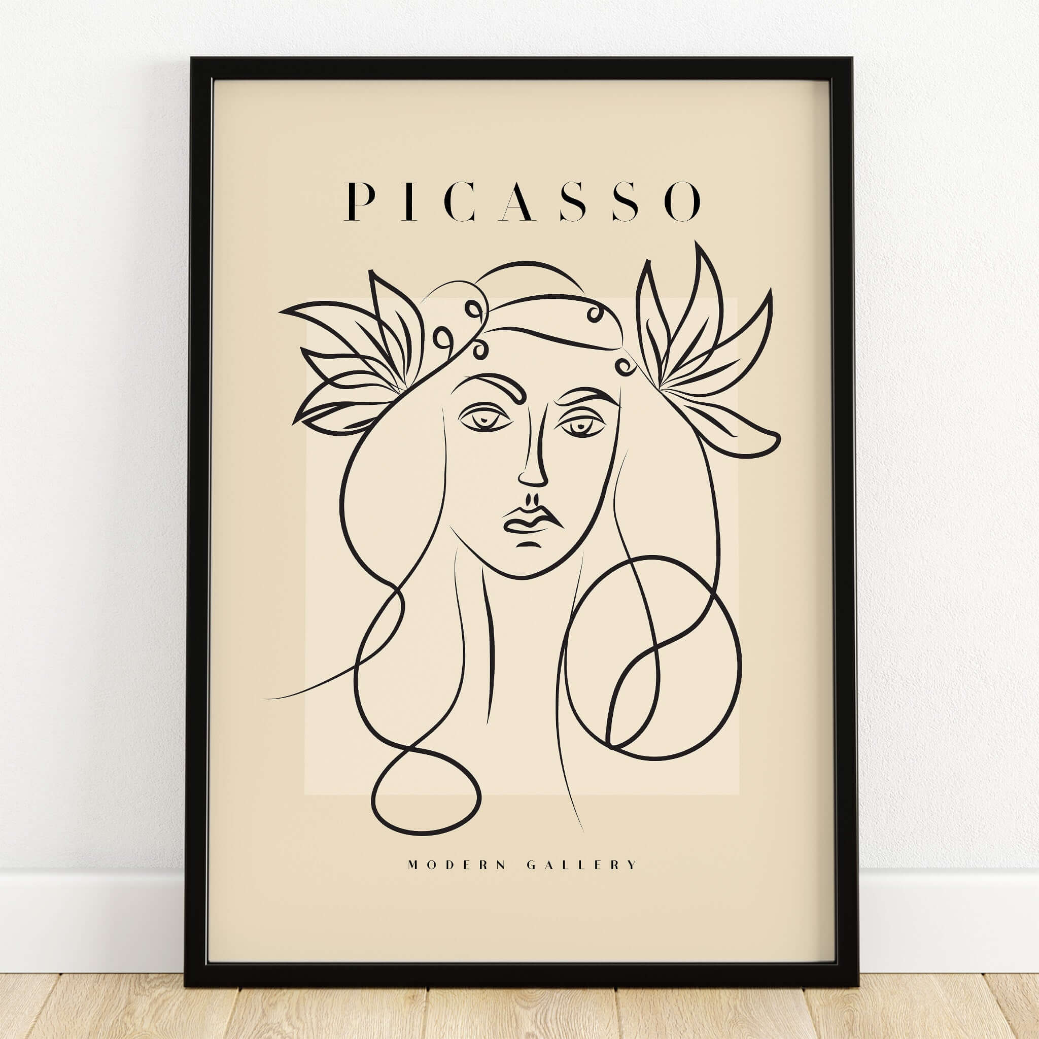 Picasso Line Art Woman Leaf Crown Modern Gallery Wall Art Poster featuring elegant face with leaf crown on beige canvas.
