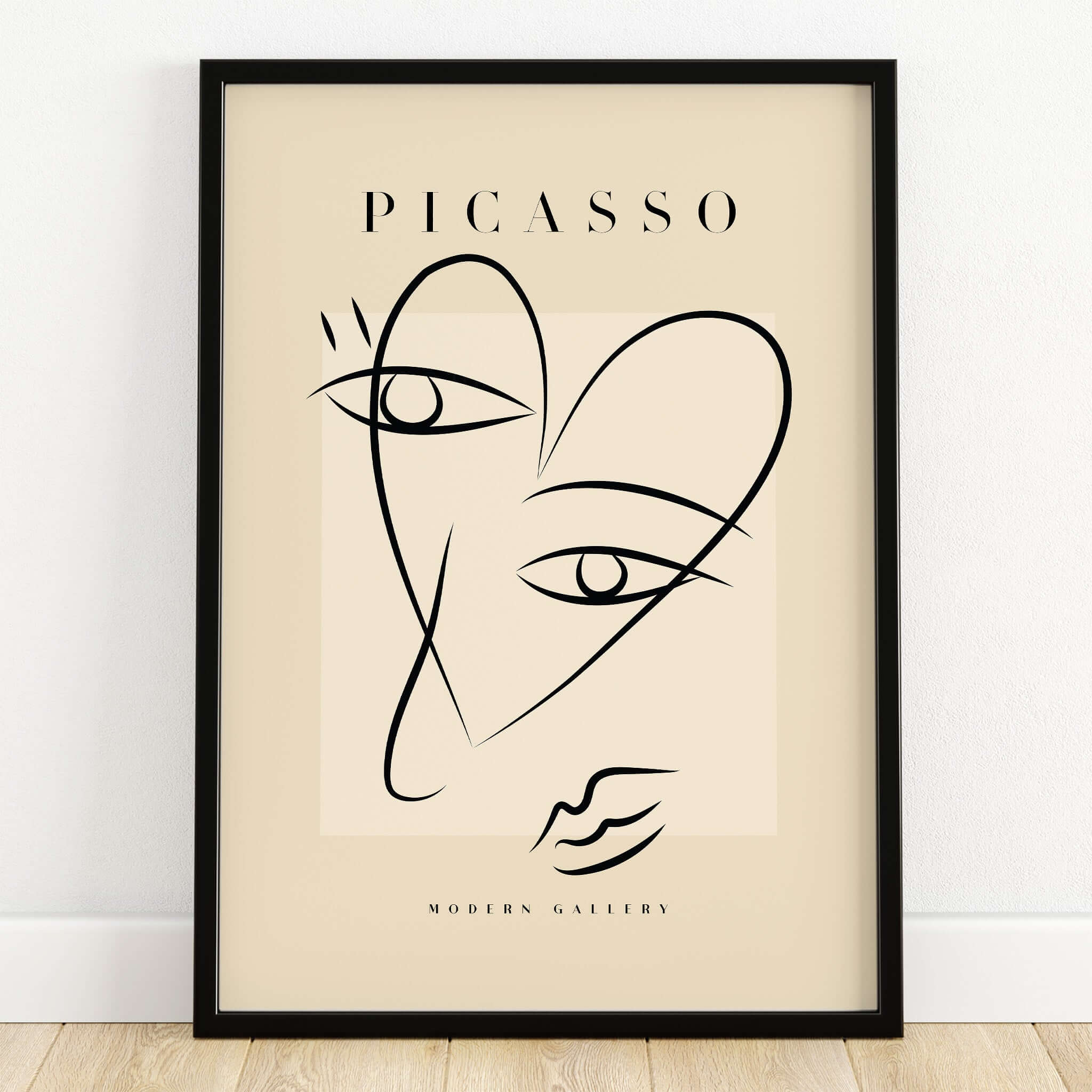 Picasso Line Art Abstract Heart Face Minimalist Modern Gallery Print Poster displayed in a stylish black frame.