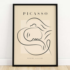 Picasso Line Art Reclining Sleeping Face Modern Gallery Poster Wall Art framed in black showcasing minimalist design.