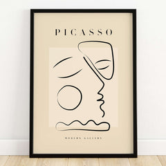 Picasso Line Art Abstract Profile Geometric Modern Gallery Wall Art Print showcasing minimalist face design in black on beige.