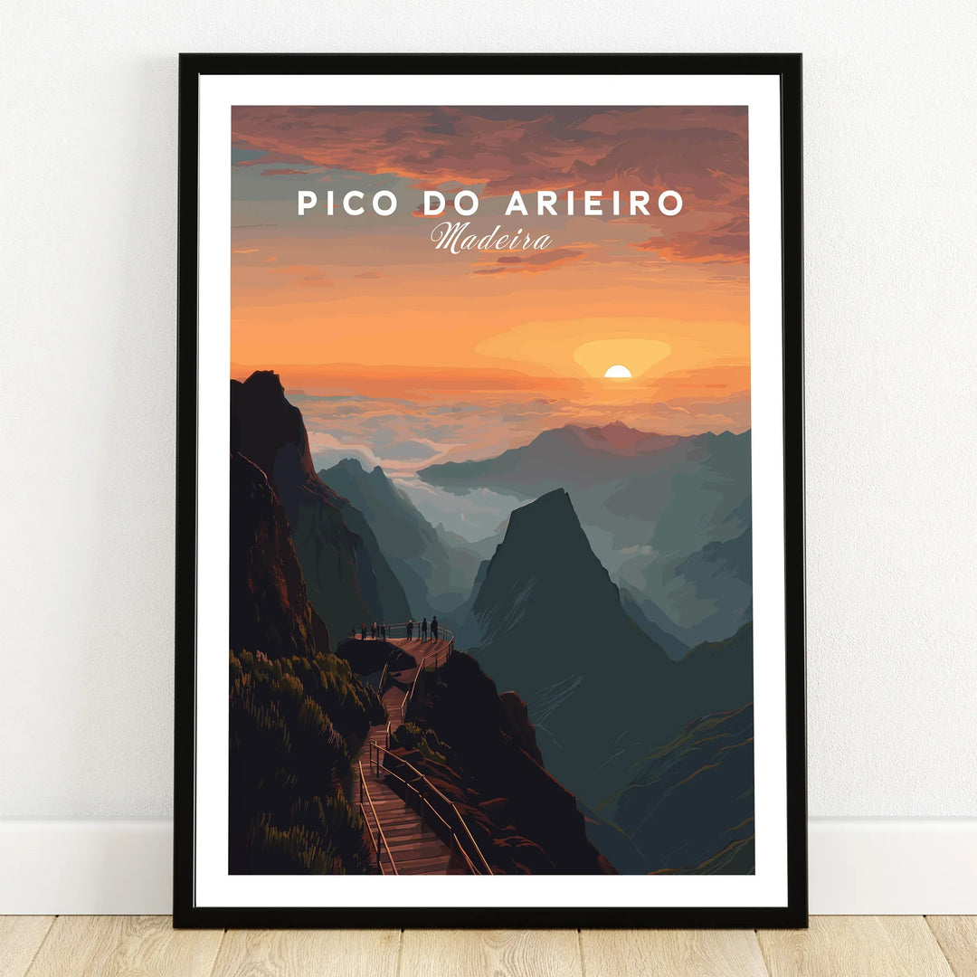 Framed Pico do Arieiro Madeira art print with sunset mountain landscape on wooden floor