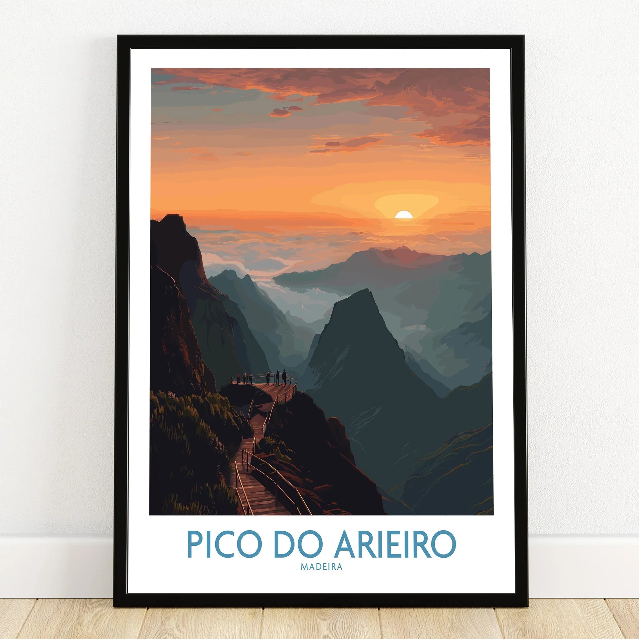 Pico do Arieiro art print in black frame showing mountain landscape at sunset