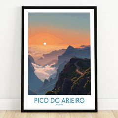 Pico do Arieiro art print in black frame, mountain landscape at sunrise, travel poster decor