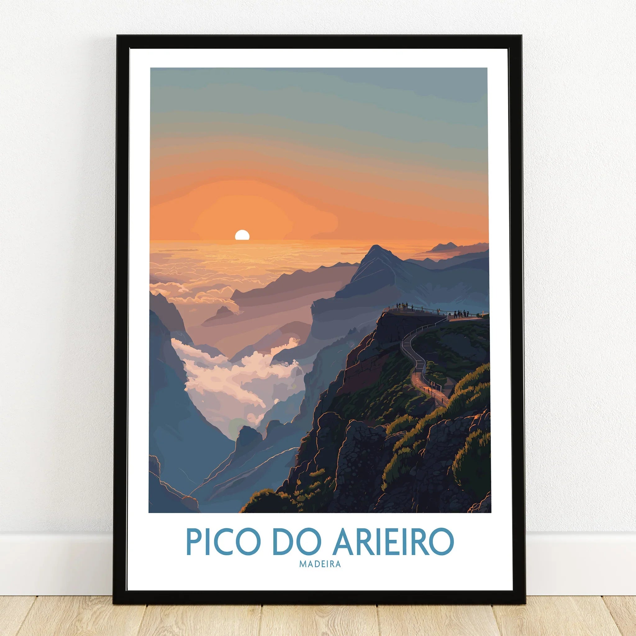 Pico do Arieiro art print in black frame, mountain landscape at sunrise, travel poster decor