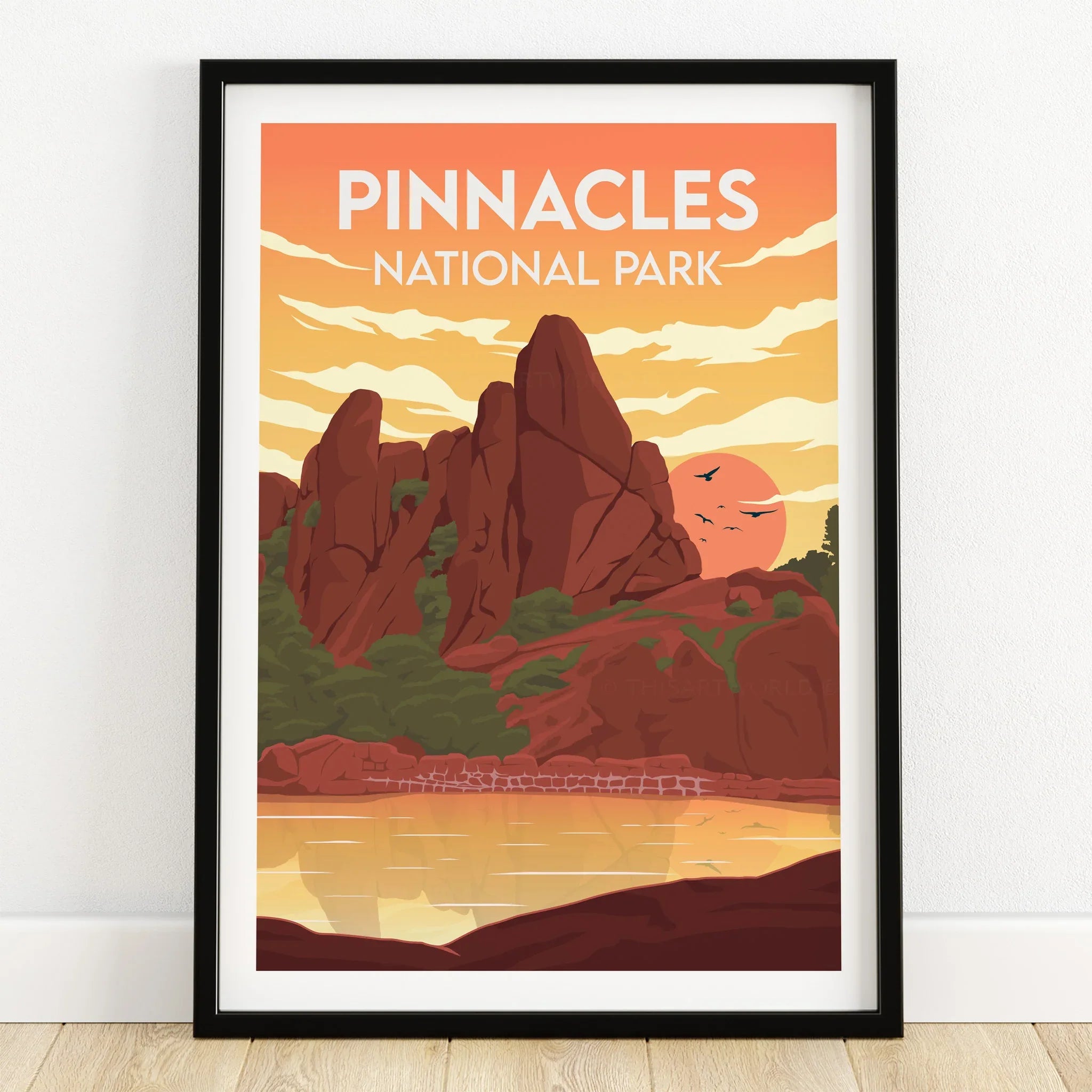 Pinnacles National Park art print in black frame, sunset landscape wall decor