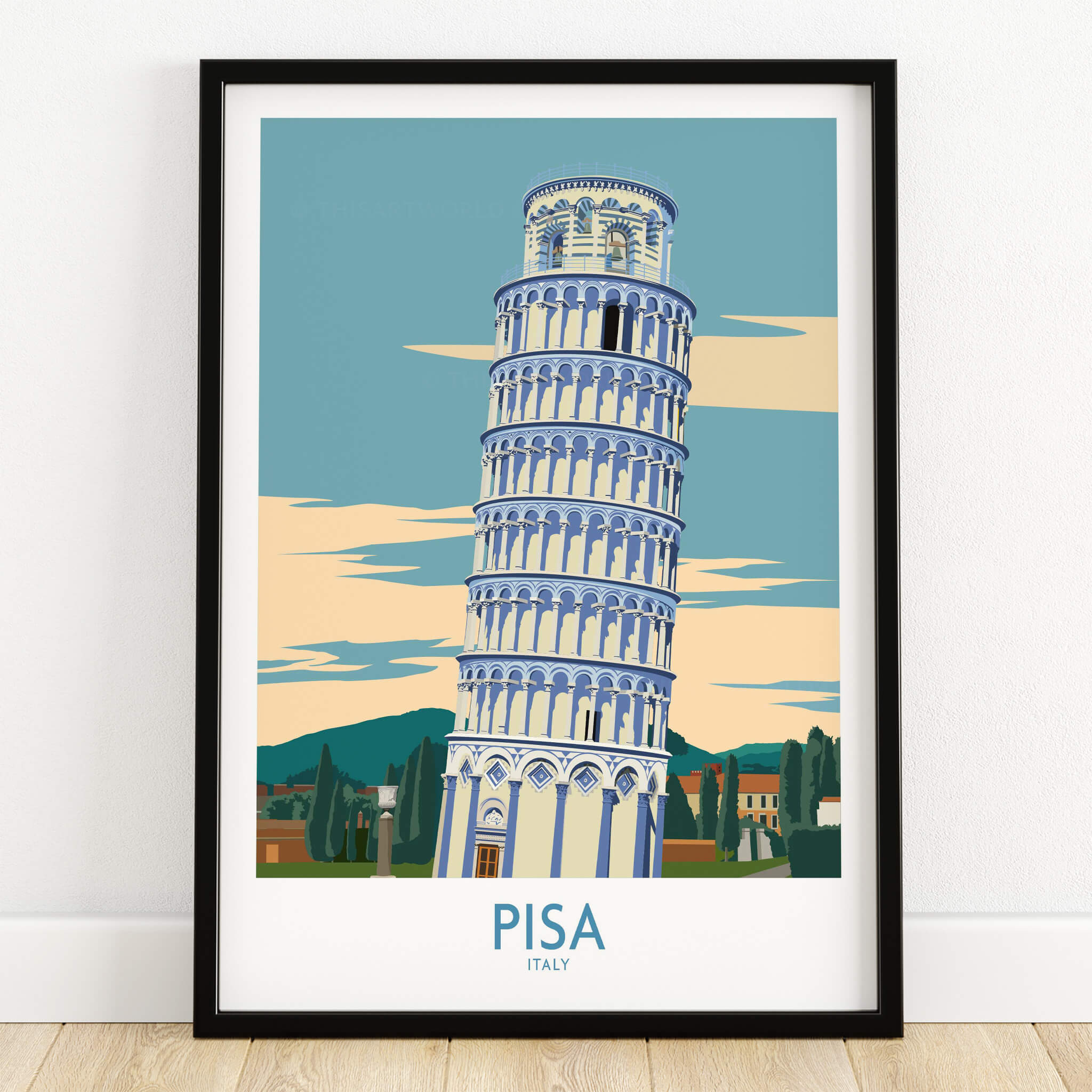 Pisa Wall Art Print | Italy Travel Poster featuring the Leaning Tower of Pisa in a stylish landscape design.