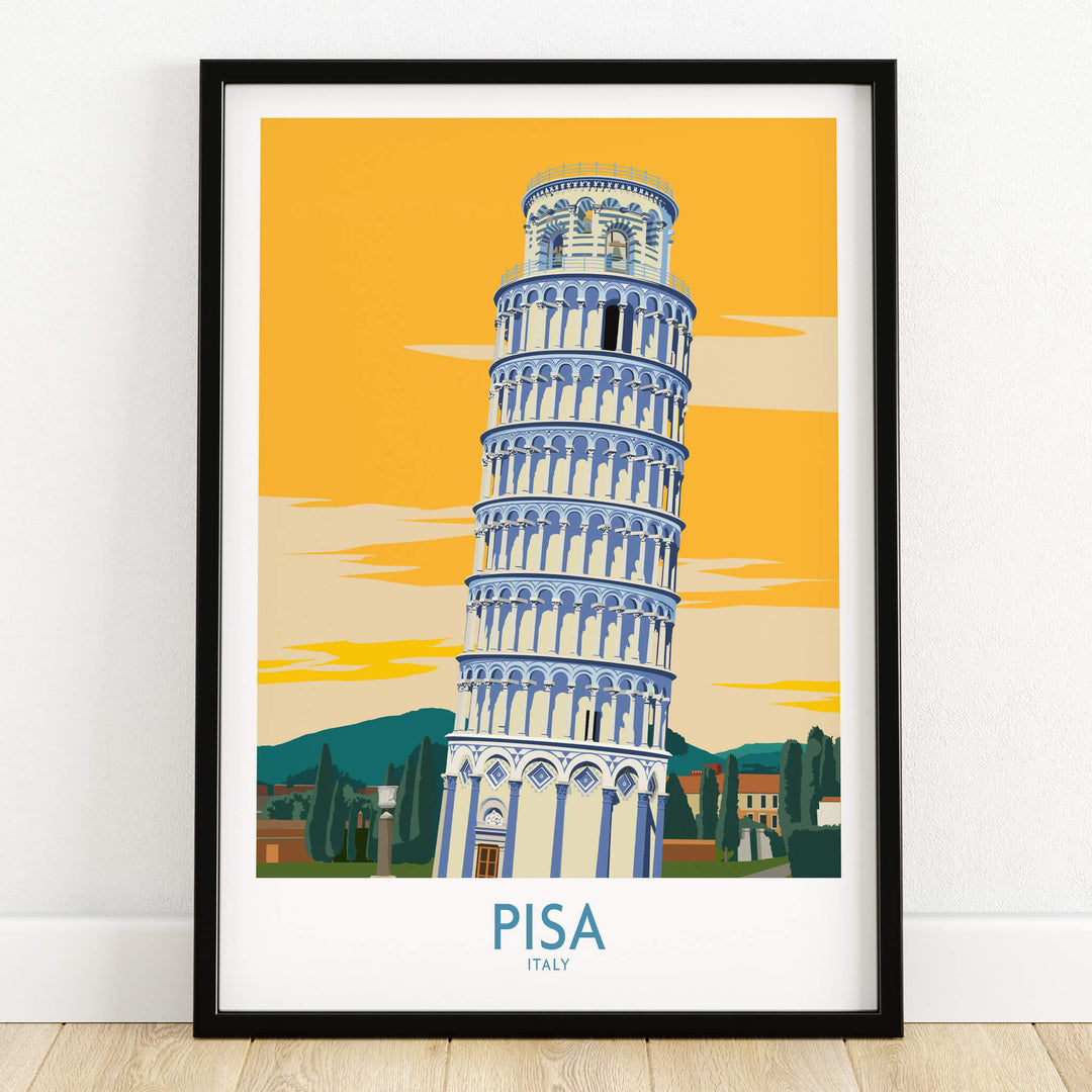 Pisa Tower Italy Print featuring the iconic leaning tower of Pisa against a vibrant yellow backdrop.