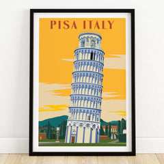 Pisa Tower Print Poster Italy Wall Art framed poster showcasing the iconic Leaning Tower of Pisa with a warm sunset background