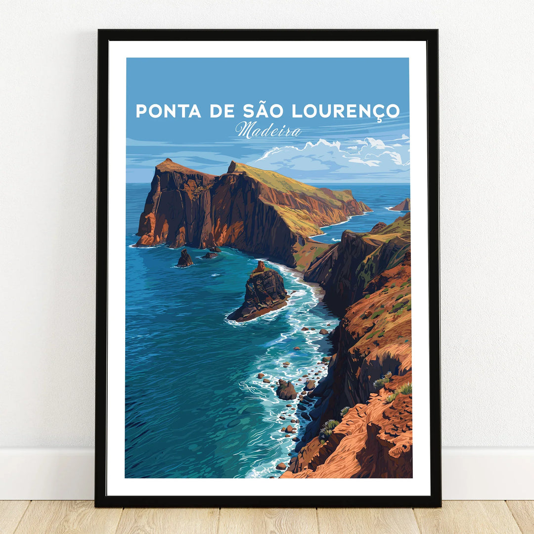 Ponta de São Lourenço Madeira travel art print in black frame on wooden floor