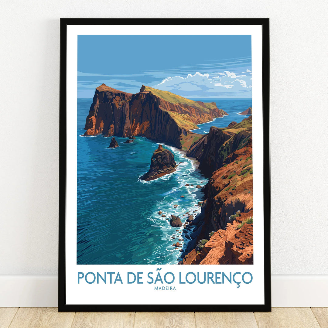 Ponta de São Lourenço Madeira travel poster art print in black frame on wooden floor