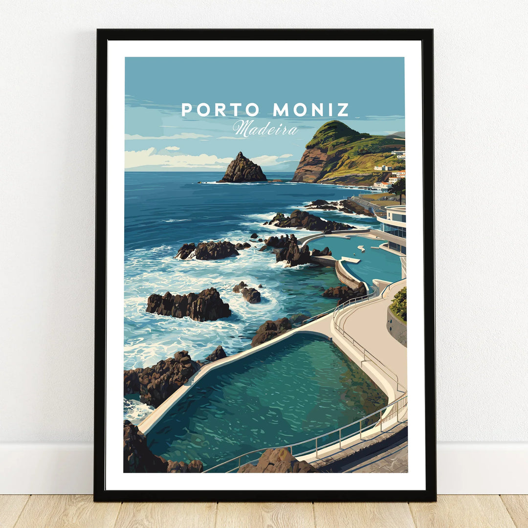 Porto Moniz Madeira travel art print in black frame showing ocean pools and rocky coastline.