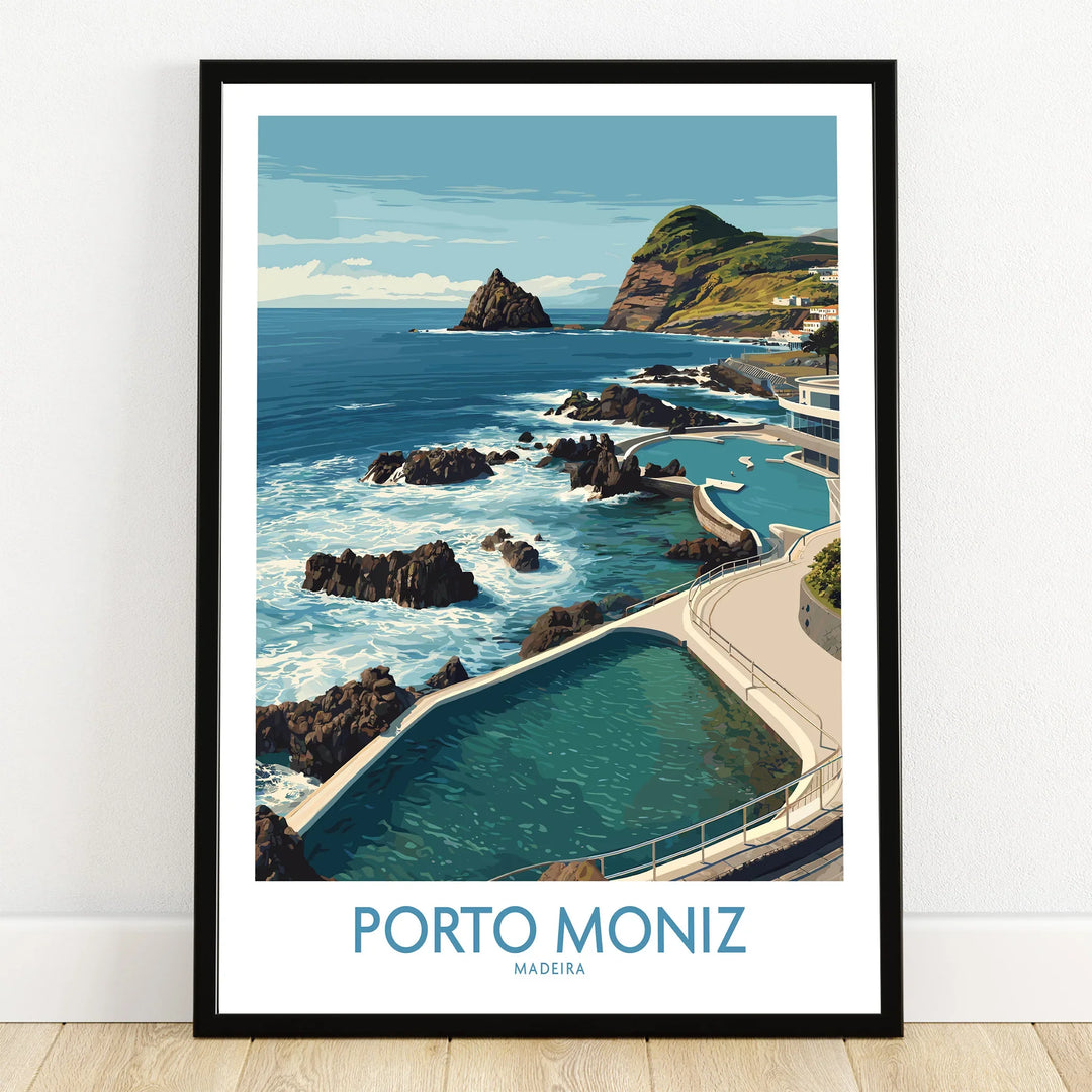 Porto Moniz Madeira art print in black frame, ocean view with volcanic pools and cliffs