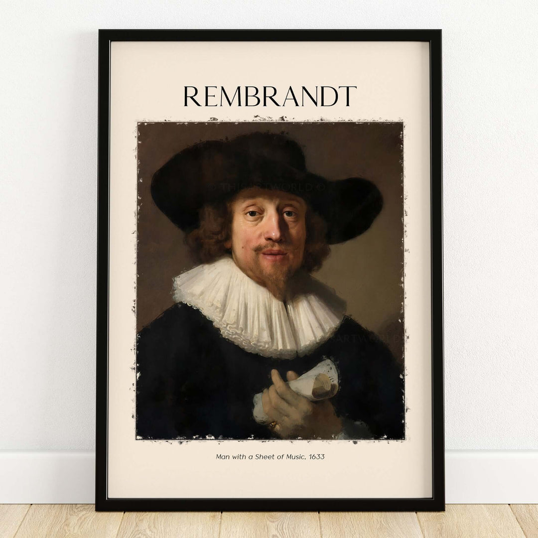 Rembrandt Man with Sheet Music 1633 Portrait Art Print Dutch Master Poster framed print of a gentleman in period clothing.