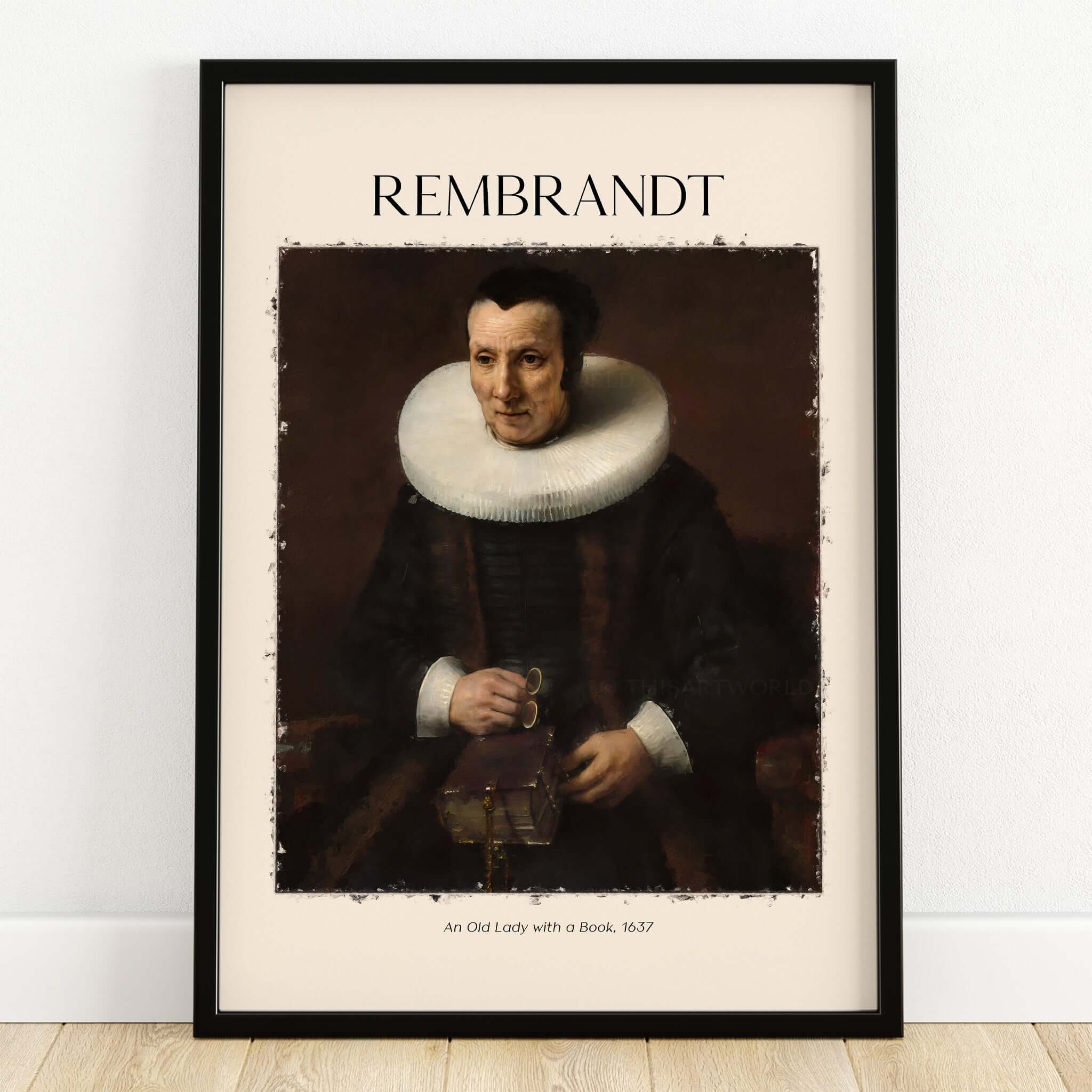 Rembrandt Old Lady with Book 1637 Portrait Print Dutch Golden Age Poster Art framed wall decor featuring an elderly woman.